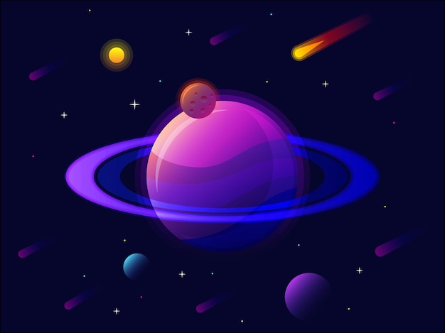Sistema solar do planeta Saturno com estrelas. fundo de espaço futurista. Universo abstrato com ilustração vetorial de planeta ultravioleta grande.