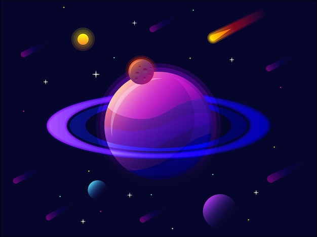 Vetor sistema solar do planeta saturno com estrelas. fundo de espaço futurista. universo abstrato com ilustração vetorial de planeta ultravioleta grande.