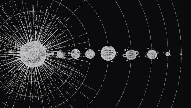 Sistema solar em estilo dotwork. planetas em órbita.