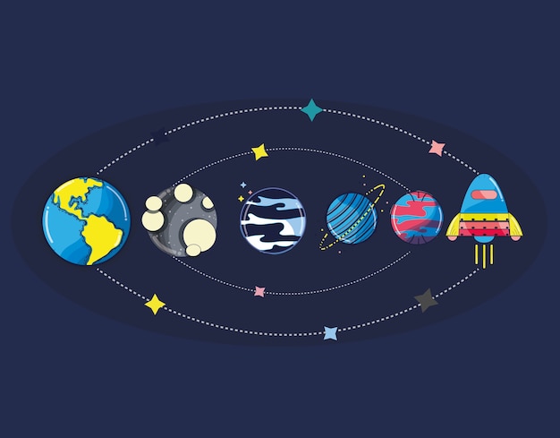 Sistema solar no espaço da galáxia e foguete