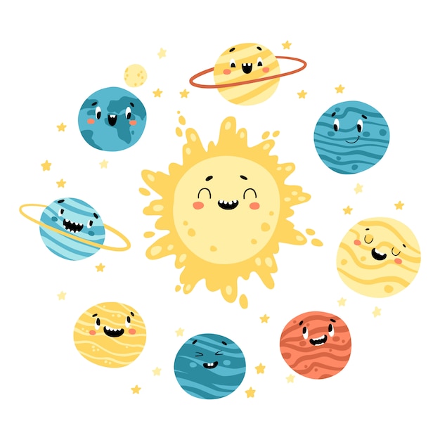 Sistema solar. o sol e os planetas. ilustração infantil de espaço bonito com caretas. personagens de desenhos animados desenhados à mão