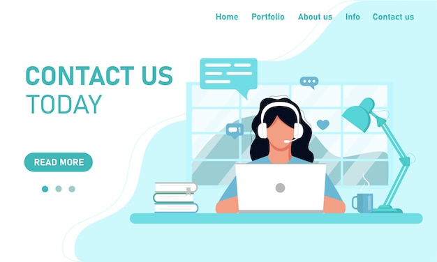 Site de modelo de conceito e suporte ao cliente de atendimento ao cliente de bate-papo de banner. Garota no operador de fones de ouvido, trabalhando em um laptop trabalhando no escritório em casa, treinamento online. Estilo simples