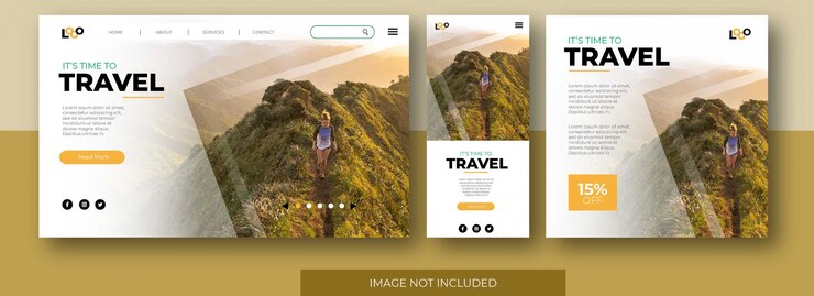 Site de página de destino de viagem, tela do aplicativo e modelo de postagem de feed de mídia social com garota caminhadas montanha