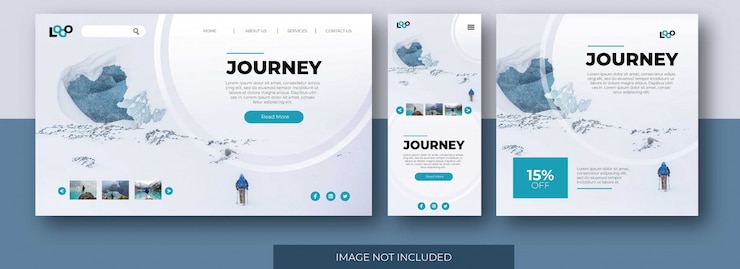 Site de página de destino de viagem, tela do aplicativo e modelo de postagem de feed de mídia social com montanha