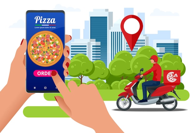 Site de pedido de comida de conceito de comércio eletrônico serviço on-line  de entrega de pizza de fast-food ilustração plana pode ser usado para jogo  de infográfico de anúncio ou ícone de