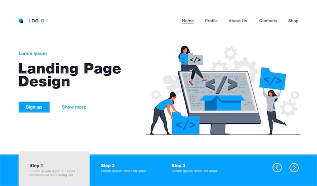 Vetor site de programação de minúsculos desenvolvedores para modelo de página de destino de plataforma de internet