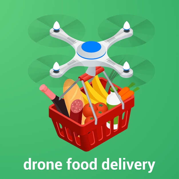 Site online de pedidos de comida de conceito de comércio eletrônico. serviço on-line de entrega de comida saudável por drone. ilustração em vetor plana isométrica. pode ser usado para anúncio, infográfico, jogo ou ícone de aplicativos móveis.
