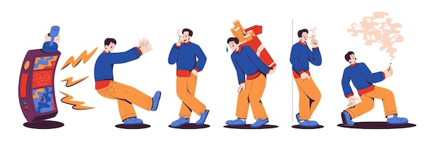 Situações diferentes com o homem com dependência de nicotina Programa de cessação do tabagismo Estilo de vida pouco saudável e maus hábitos Relaxamento do estresse Ilustração vetorial Isolado no fundo branco