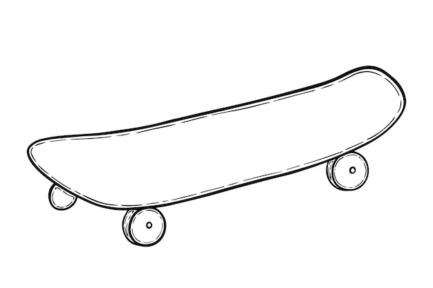 Vetor skate sobre rodas para andar na estrada e saltos de esqui livro de colorir linear de desenho esportivo doodle