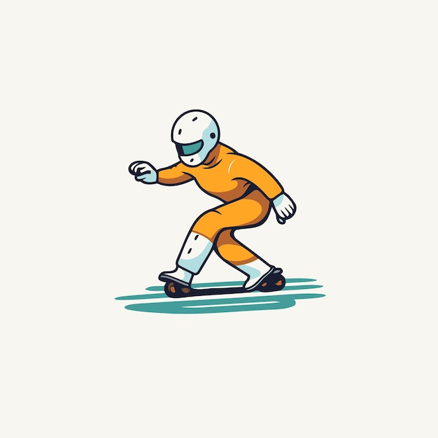 Vetor skateboarder em terno laranja e capacete montando um skate ilustração vetorial