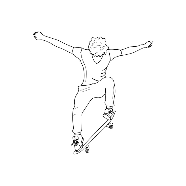 única mulher de skatista de desenho de linha andando de skate e fazendo  truque de salto