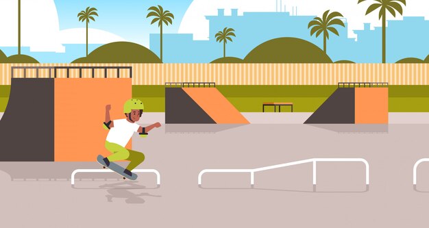 Vetor skatista masculina que executa truques em público parque de skate com rampa para adolescente de skate se divertindo montando fundo horizontal da paisagem do skate comprimento total
