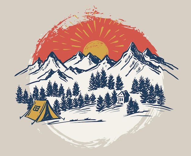 Sketch camping in nature set ilustrações vetoriais de paisagem de montanha