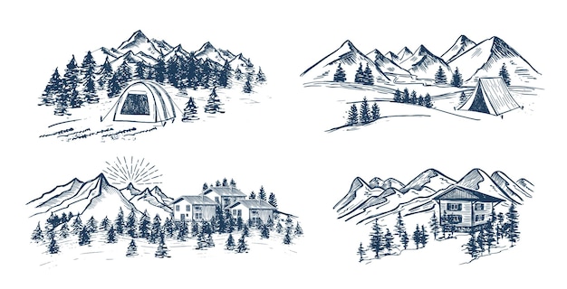 Sketch camping in nature set mountain landscape