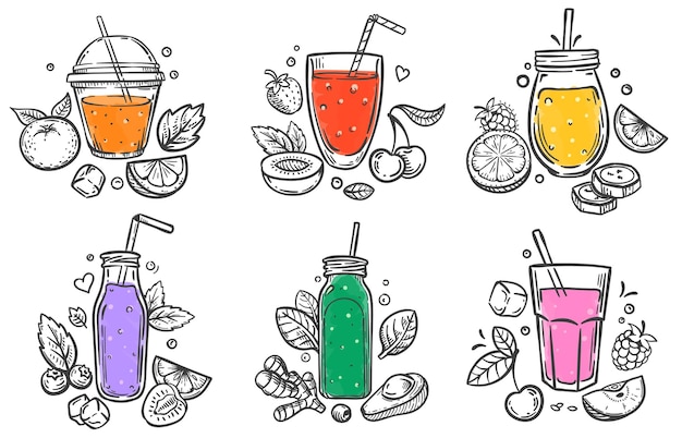 Sketch smoothie. superalimento saudável, copo de vitaminas de frutas e bagas e frutas naturais cortadas à mão conjunto de ilustrações desenhadas.