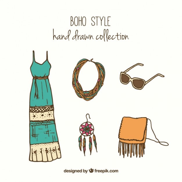 Vetor sketches boho roupas e acessórios