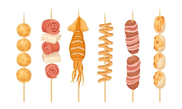 Skewered street seafood and meat with squid hot and spicy snacks vector set (conjunto de frutos do mar e carne de rua com lulas e lanches picantes)