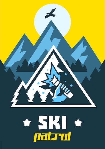 Vetor ski patrol alarme de incêndio na mão ajuda nas montanhas o serviço de segurança logo paisagem de inverno floresta de montanha estância de esqui ilustração vetorial estilo simples