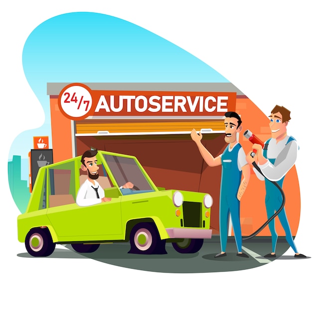 Skilled Mechanic Team Welcoming Client no carro