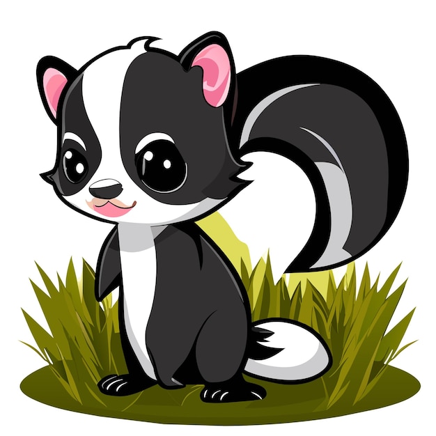 Vetor skunk bebê fofo sentado na grama mão desenhada desenho animado adesivo ícone conceito ilustração isolada