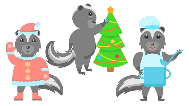 Skunks decora o natal, cozinha com uma panela e uma concha, em roupas quentes e vetor sorridente