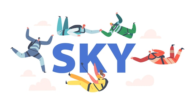 Sky concept base de salto e pára-quedismo atividades esportes radicais recreação para-quedista personagens fazendo salto prolongado com pára-quedas cartaz banner ou flyer desenhos animados pessoas ilustração vetorial