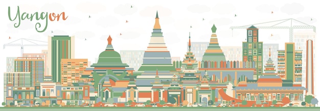 Vetor skyline abstrata de yangon com edifícios de cor. ilustração vetorial. viagem de negócios e conceito de turismo com arquitetura histórica. imagem para cartaz de banner de apresentação e site.