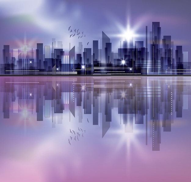 Vetor skyline da cidade com reflexo na água