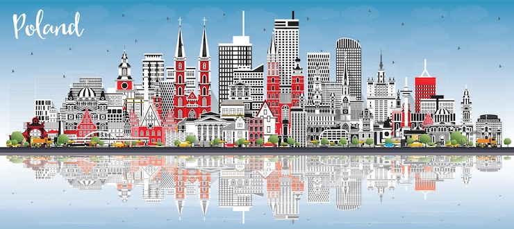 Vetor skyline da cidade da polônia com edifícios cinza céu azul e reflexões conceito de ilustração vetorial com arquitetura moderna polônia paisagem urbana com marcos varsóvia cracóvia lodz wroclaw poznan