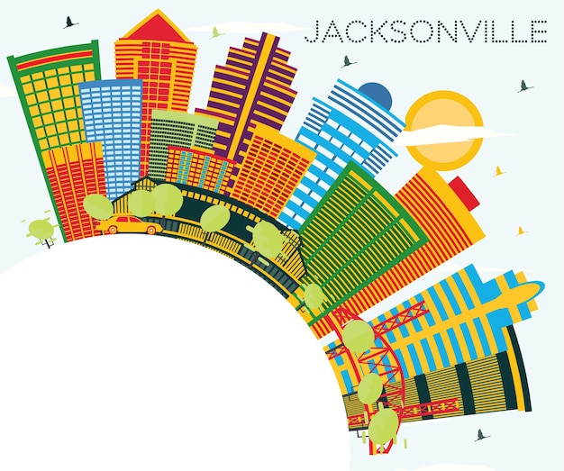 Vetor skyline da cidade de jacksonville florida com céu azul dos edifícios da cor e espaço da cópia