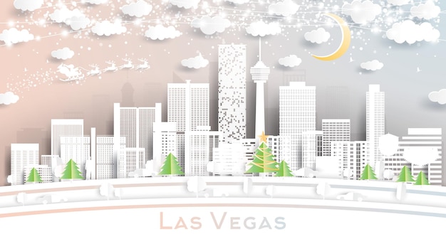 Skyline da cidade de las vegas nevada eua em estilo de corte de papel com lua de flocos de neve e guirlanda de néon