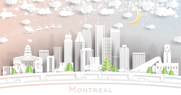 Skyline da cidade de montreal canadá em estilo de corte de papel com lua de flocos de neve e guirlanda de néon