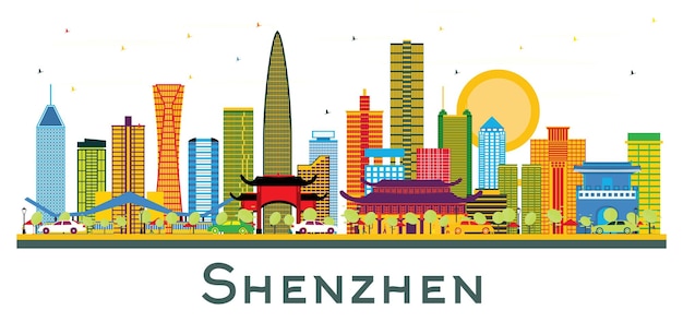 Vetor skyline da cidade de shenzhen china com edifícios coloridos isolados no branco ilustração vetorial viagens de negócios e conceito de turismo com arquitetura moderna paisagem urbana de shenzhen com pontos de referência