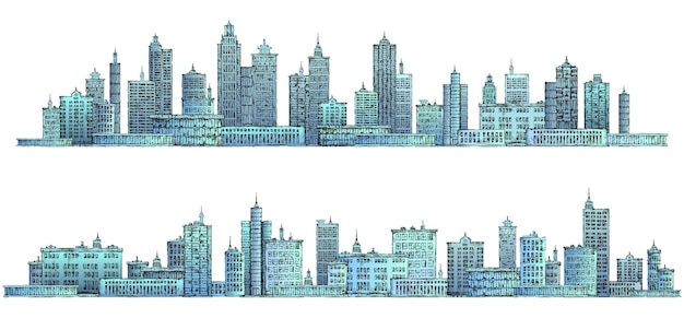 Skyline da cidade moderna ilustração vetorial desenhada à mão altamente detalhada