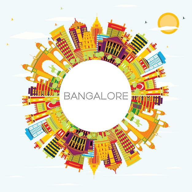 Skyline de bangalore com edifícios de cor, céu azul e espaço de cópia. ilustração vetorial. viagem de negócios e conceito de turismo com arquitetura histórica.