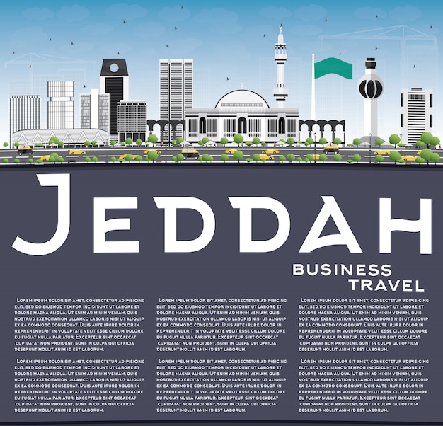 Skyline de Jeddah com edifícios de cinza, azul céu e espaço de cópia.