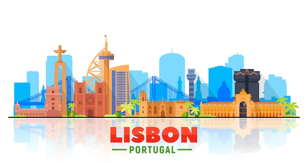 Skyline de lisboa portugal com panorama em fundo branco ilustração vetorial conceito de viagens e turismo de negócios com edifícios modernos imagem para site de banner de apresentação