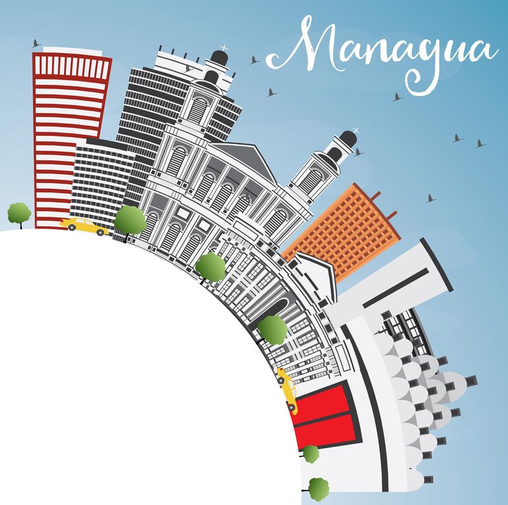 Vetor skyline de manágua com edifícios de cinza, céu azul e espaço de cópia. ilustração vetorial. viagem de negócios e conceito de turismo com arquitetura moderna. imagem para cartaz de banner de apresentação e site.