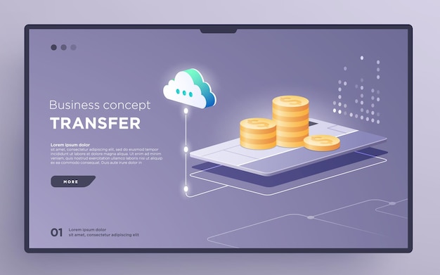Slide hero page or digital technology banner conceito de negócio de transferência de dinheiro vetor isométrico