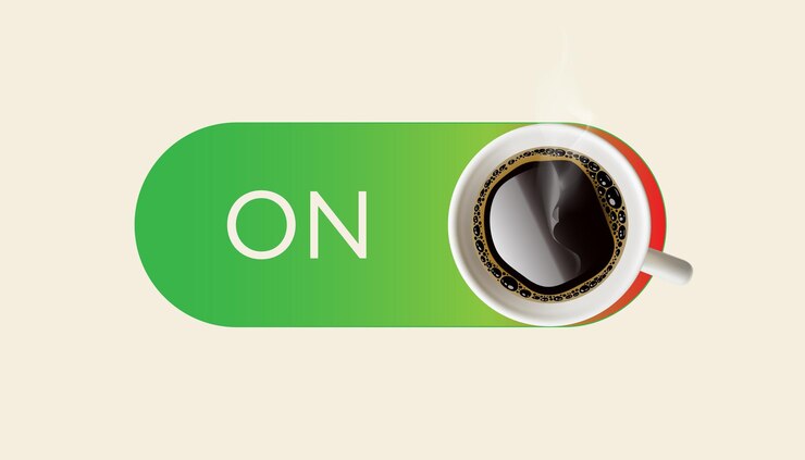 Sliders de café da manhã NO botão com caneca branca realista com ilustração vetorial de bebida americano ou expresso