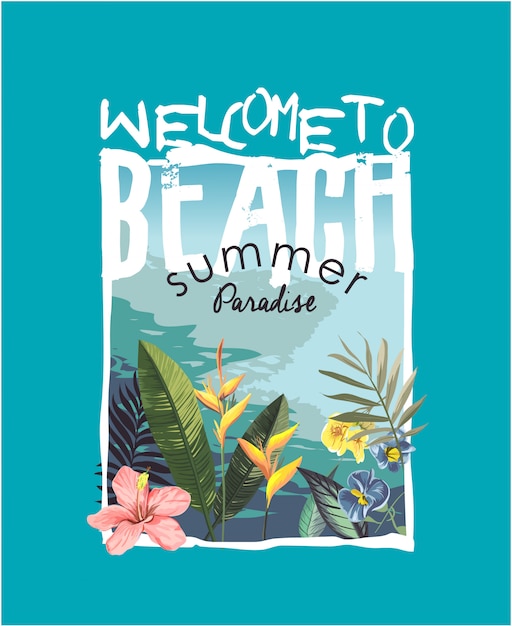 Slogan com ilustração de praia e flor tropical