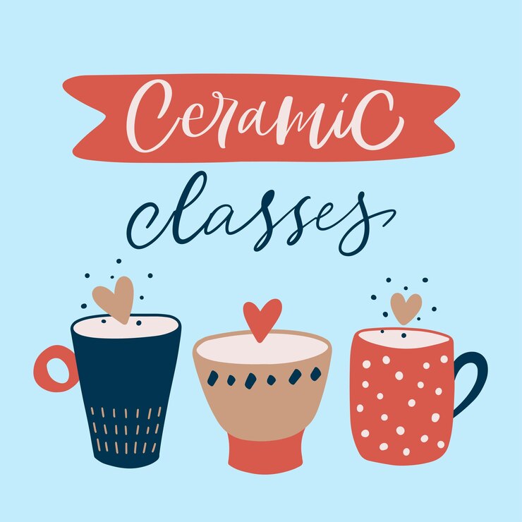 Vetor slogan de aulas de cerâmica com fita vermelha estilo retrô três copos fofos com corações imprimir para cerâmica hobby utensílios de mesa artesanato decoração de casa
