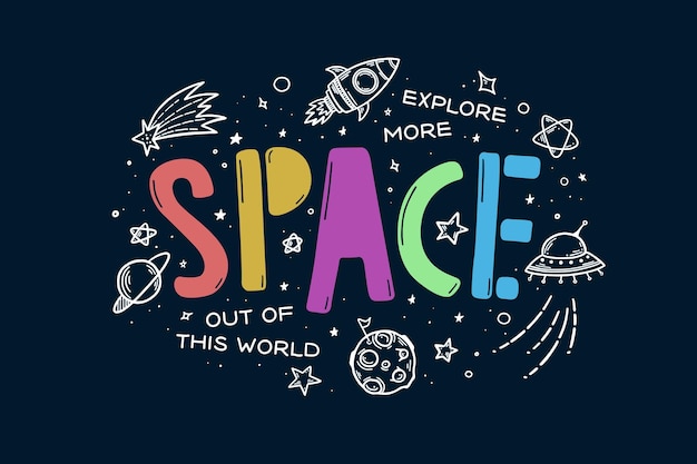 Vetor slogan de doodle de tema espacial ilustração vetorial