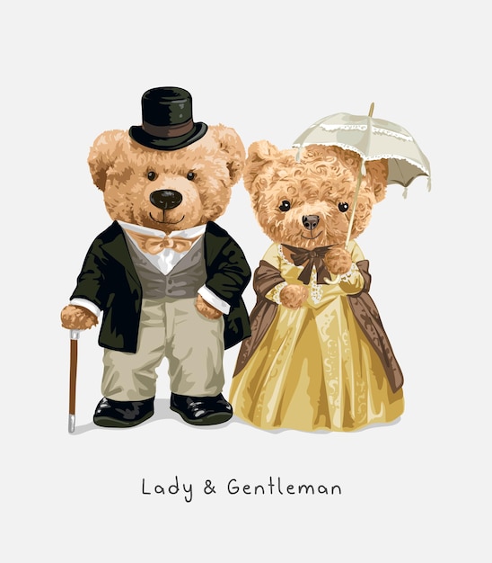 Slogan de senhora e cavalheiro com casal de boneca urso em ilustração vetorial de traje de estilo vitoriano