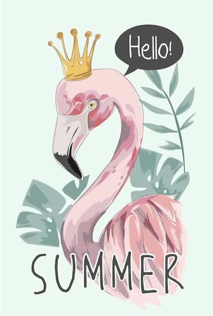 Slogan de verão com flamingo e coroa