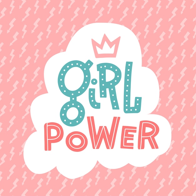 Slogan do feminismo com mão desenhada letras girl power e padrão feminino engraçado de coroa e relâmpago