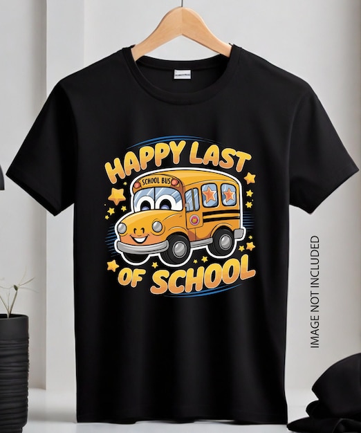 Vetor slogan feliz último dia de escola mockup de camiseta preta com impressão gráfica