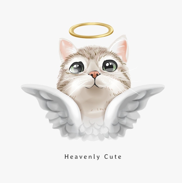 Slogan fofo celestial com um gato anjo fofo com ilustração de halo dourado
