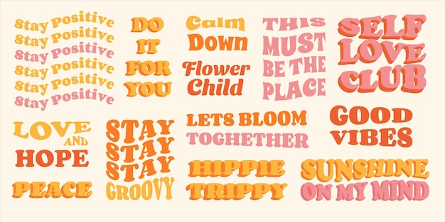 Slogans hippie citação vintage estilo dos anos 70 letras retrô de moda design de texto do conjunto