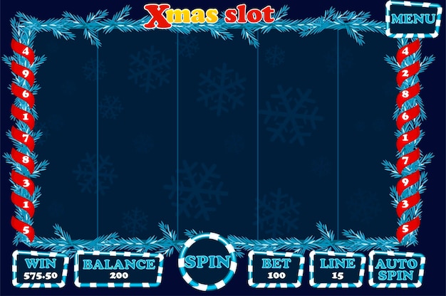 Slot de natal, interface do jogo e botões na cor azul. menu completo para jogo de cassino. objetos em uma camada separada.